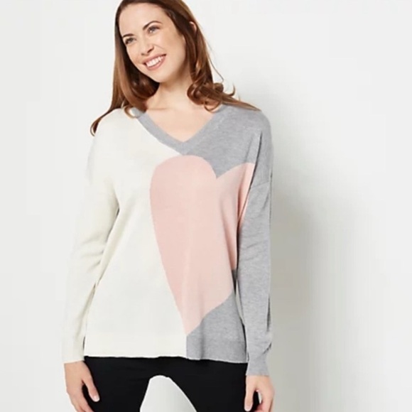 Laurie Felt Cashmere Blend Oversized v-neck Heart Sweater M Colorblock - Picture 1 of 7